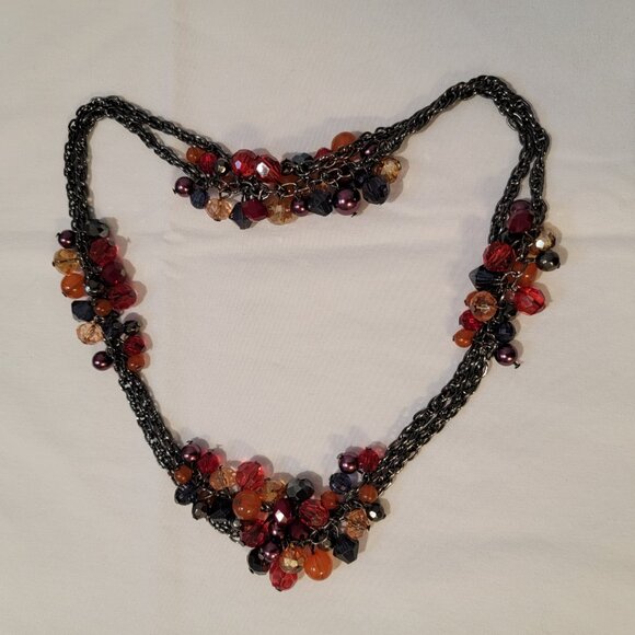 Vintage Red Necklace Boho Gunmetal Gray Red Burgundy Beaded Crystal Cut Rondelle - Picture 8 of 10